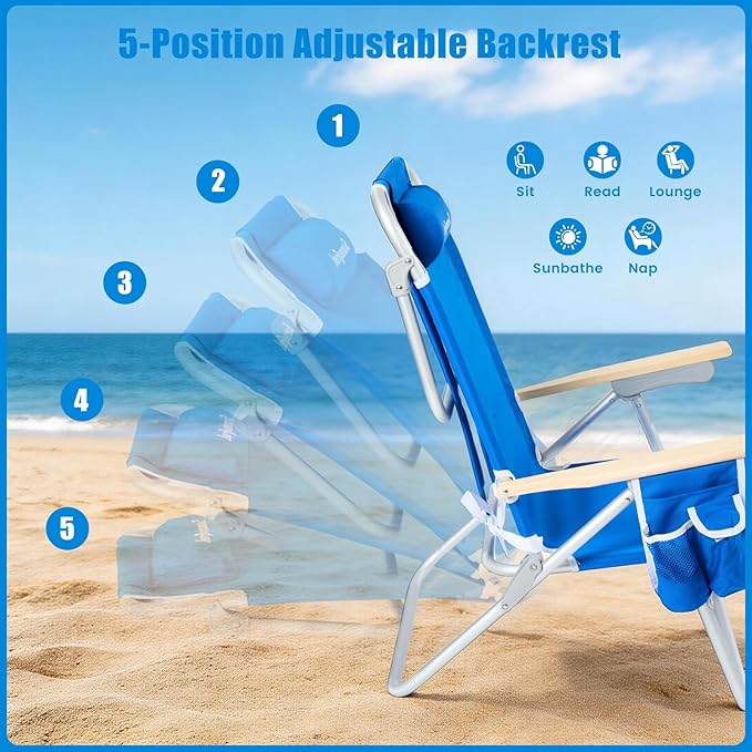 SUNNYFEEL Tall Beach Chair Reclining Beach Chair with 5-Position Portable Camping Chair for Adults with Wood Armrest Lightweight Camping Chair 300 lbs Heavy Duty Blue 2 Pack