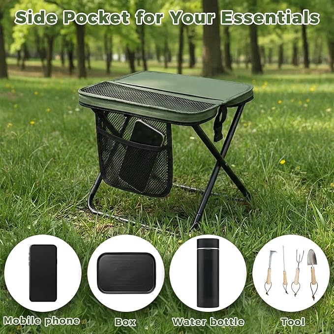 Portable Collapsible Stool - Folding Chair with Storage Pouch Convertible Satchel for Hands-Free Carry &amp Supports 265Lbs Ultralight for Hiking Fishing Camping Festivals (Green)