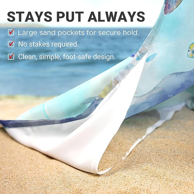 Sunlit Silky Soft 81x106 Sand Proof Beach Blanket Sand Proof Mat with Corner Pockets and Fashion Mesh Bag for Beach Party Travel Camping and Outdoor Music Festival Vibrant Turtle and Coral