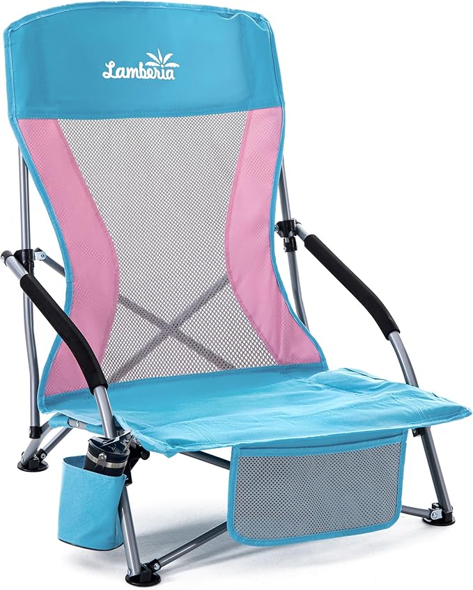 Lamberia Folding Beach Chair for Adults Portable Low Beach Chairs with 300lbs Capacity Lightweight Fodable Camping Chair for Travel Picnic Concert &amp Outdoor Activities Blue-Pink