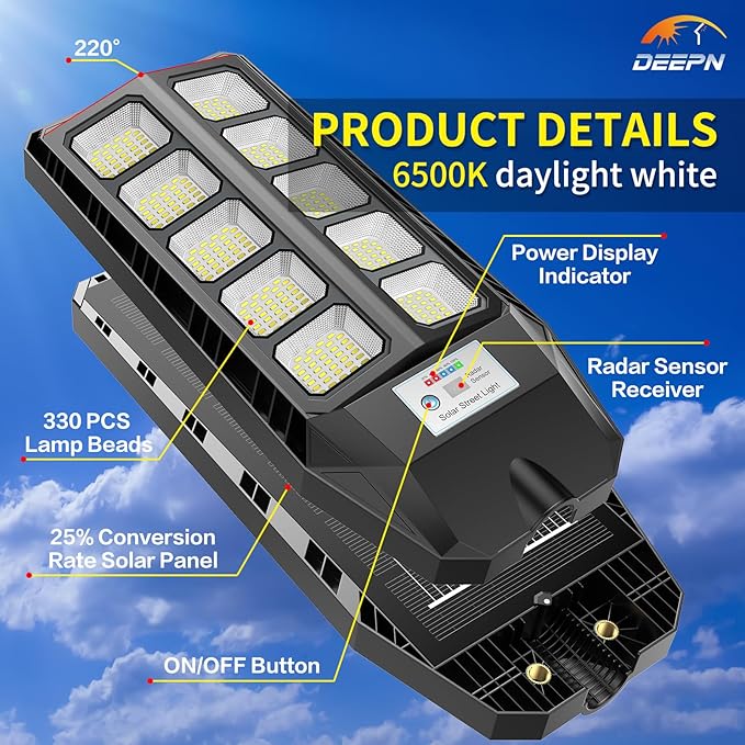 Deepn Solar Lights Outdoor IP66 Waterproof Street Lights Outdoor 6500K Dusk to Dawn Solar Security Flood Lights Motion Sensor with Remote Control for Yard Entryway Garage Porch 1 Pack