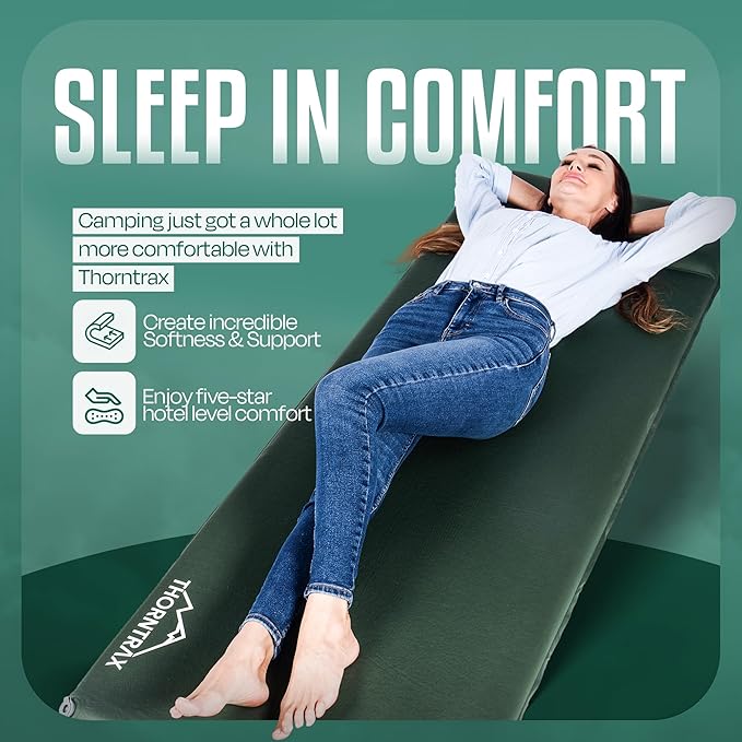 Throntrax Camping Sleeping Pad - Ultralight Camping Mat with Pillow Built-in - 3.1 Thick | Self-Inflating &amp Suitable for All Seasons - Compact Sleeping Pad for Camping - Green