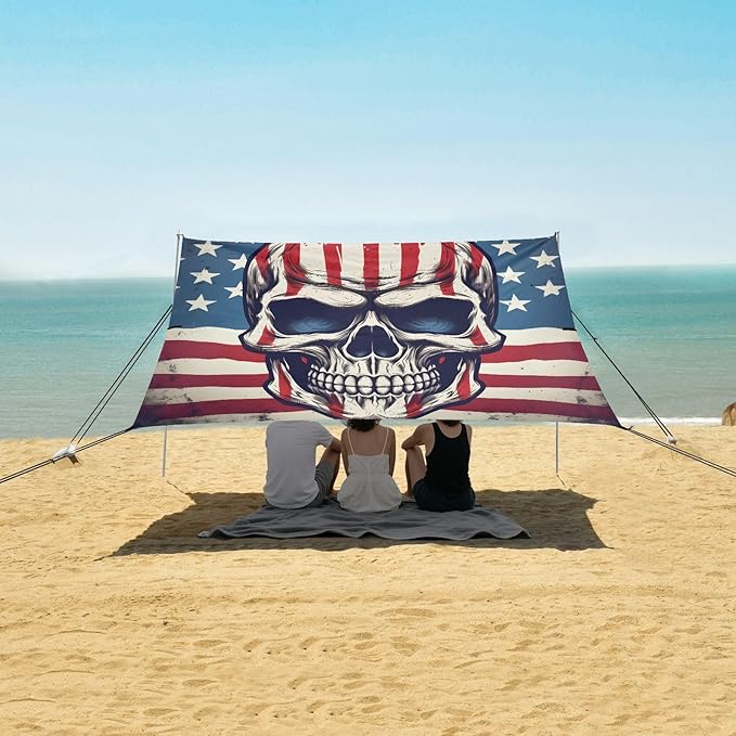 ALAZA American Flag Skull Beach Tent Sun Shelter UPF50+ Protection Beach Shade Canopy w/ 4 Sandbags for Outdoor Camping Fishing Backyard Fun Picnic 10x9 ft