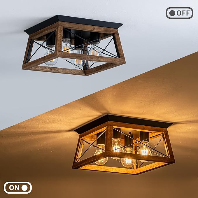 Farmhouse Light Fixture 4-Light Rustic Ceiling Light Trapeziform Wood Flush Mount Ceiling Light for Kitchen Hallway Entryway Bedroom