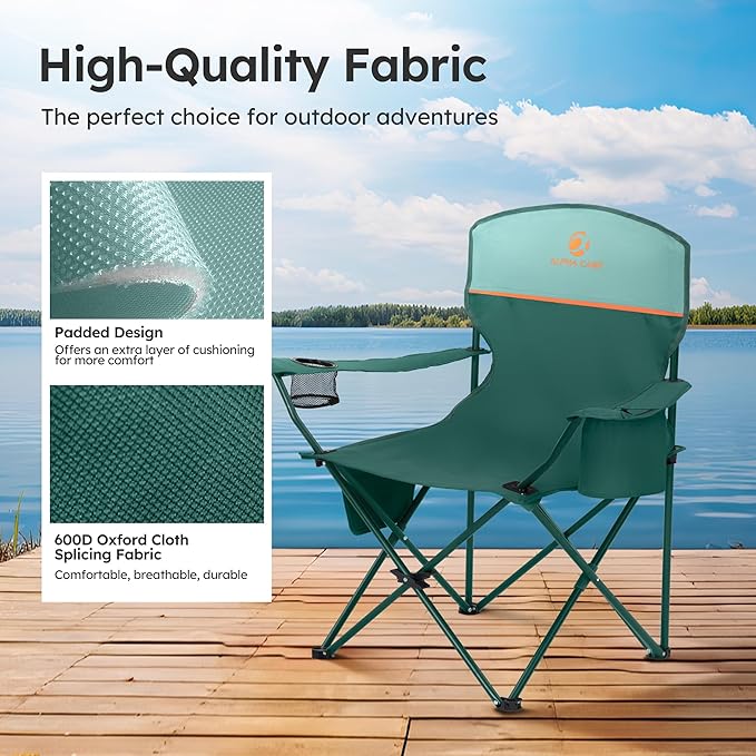 LET'S CAMP Camping Chair 2 Pack Folding Chair with 3-Can Cooler Bag Portable Lawn Chair with Cup HolderStorage Pocket Supports 225LBS Collapsible Chair for Camp Beach Picnic (Green)