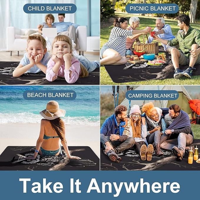 Late Night Owl Beach BlanketPortable Waterproof Picnic Blanket58.3''x 58.3'' Extra Large Picnic Mat for BeachCamping Grass Lawn Park Accessorie for Festival BBQ
