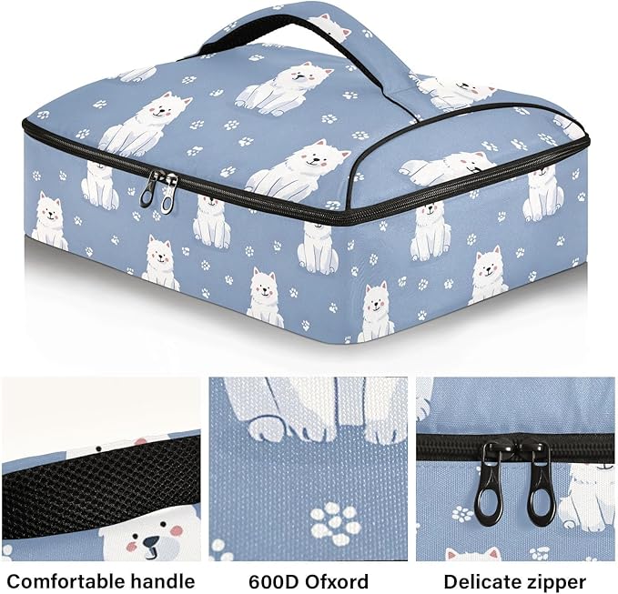 Casserole Carrier Cute Cartoon White DogInsulated Casserole Carrier for Hot or Cold Food Thermal Lunch Tote for Potluck Parties Picnic Beach Fits 9 x 13 Inches Baking Dish