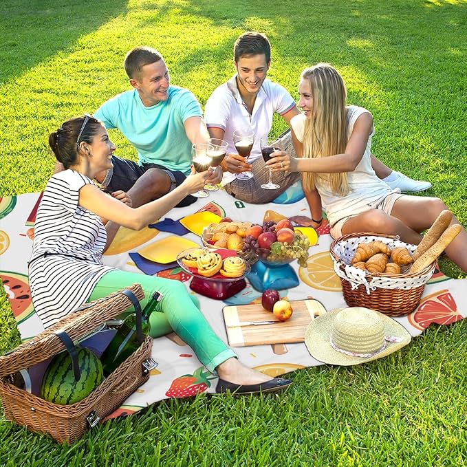 Waterproof Sandproof Beach Blanket 59''×68'' Fruit Polyester Outdoor Picnic Blanket with 4 Stakes &amp Storage Bag for BeachCampingVacation Watermelon