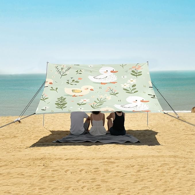 Cartoon Duck Light Green Camping Sun Shelter Beach Tent Portable Beach Sun Shade Outdoor Canopy for Camping Trips Fishing Picnic