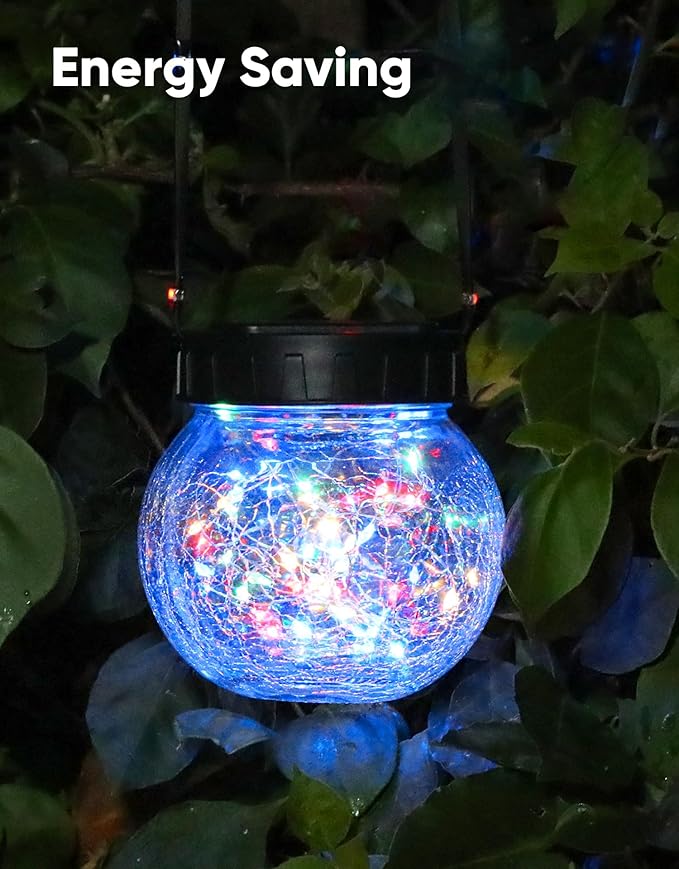 PARTPHONER Solar Lights Outdoor Waterproof 12-Pack Solar Powered Hanging Lantern Cracked Glass Hanging Globes for Yard Decor Christmas Decoration Shepherd Hook Garden Tree Ornaments RGB