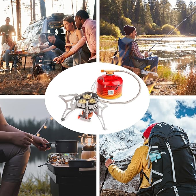 6800W Camping Stove with Piezo Ignition Portable Backpacking Gas Stove 1LB Propane Tank Adapter Butane Adapter for Outdoor Cooking Picnic Camping and Hiking