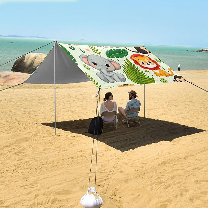 Cute Jungle Animals Palm Leaf Camping Sun Shelter Beach Tent Portable Beach Sun Shade Outdoor Canopy for Camping Trips Fishing Picnic