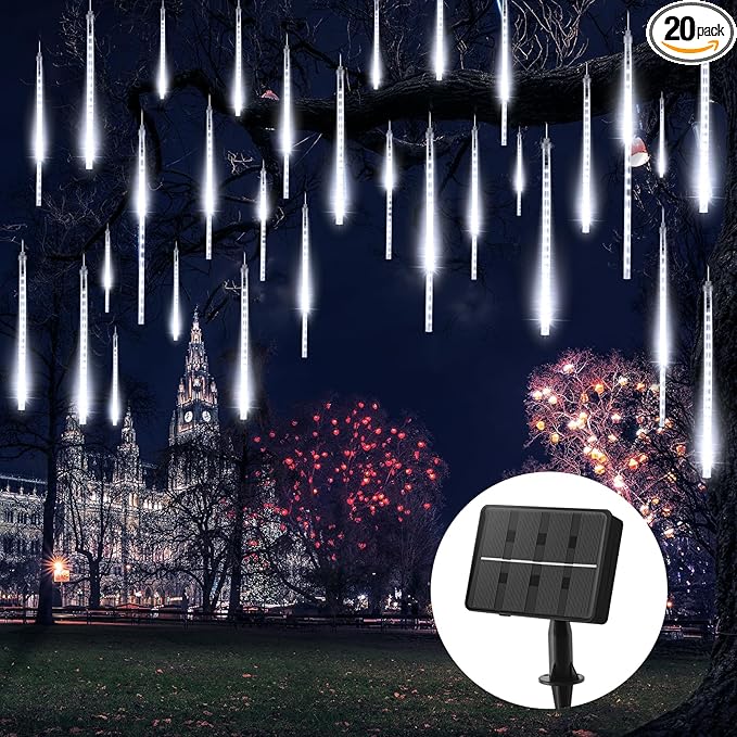 Brightown Meteor Shower Lights 20 Tubes 16 Inch 720 LED Solar Christmas Lights Outdoor Waterproof Snow Cascading String Lights for Outside Christmas Halloween House Tree Decoration Cool White