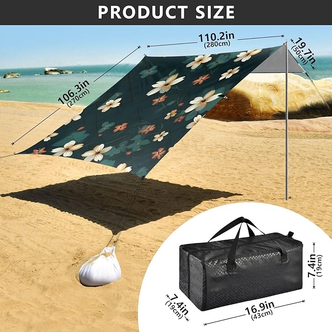 Flower FloralCamping Sun Shelters 9.2 x 10.5 FT Beach Canopy Tent Sun Shade with Carrying Bag for Camping Trips Fishing Backyard Fun or Picnics 21340088