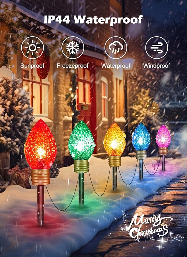 Brightown Strawberry Jumbo C9 Christmas Pathway Lights OutdoorChristmas Outside Decoration Lawn8.5Ft 5 LED String Lights Covered Jumbo Multicolored Walkway Light Bulb for Holiday Outside Yard Decor