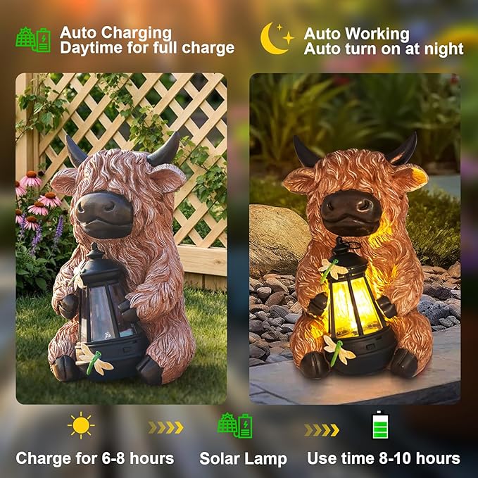 DKJOCKY Highland Cow Garden Decor Statue with Solar Light Lantern Birthday Gifts for Women Mom Grandma Funny Waterproof Resin Figurine Outdoor Decorations for Yard Patio Lawn Balcony Porch