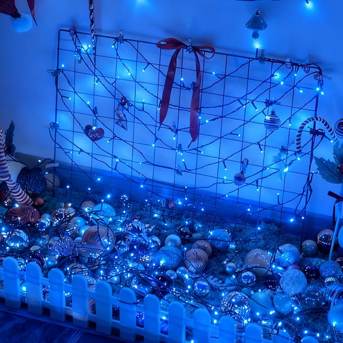 YEGUO Christmas Lights Battery Operated 2 Pack Each 33ft 100 LED Blue String Lights Outdoor Waterproof 8 Modes Green Wire Fairy Light Indoor with Remote