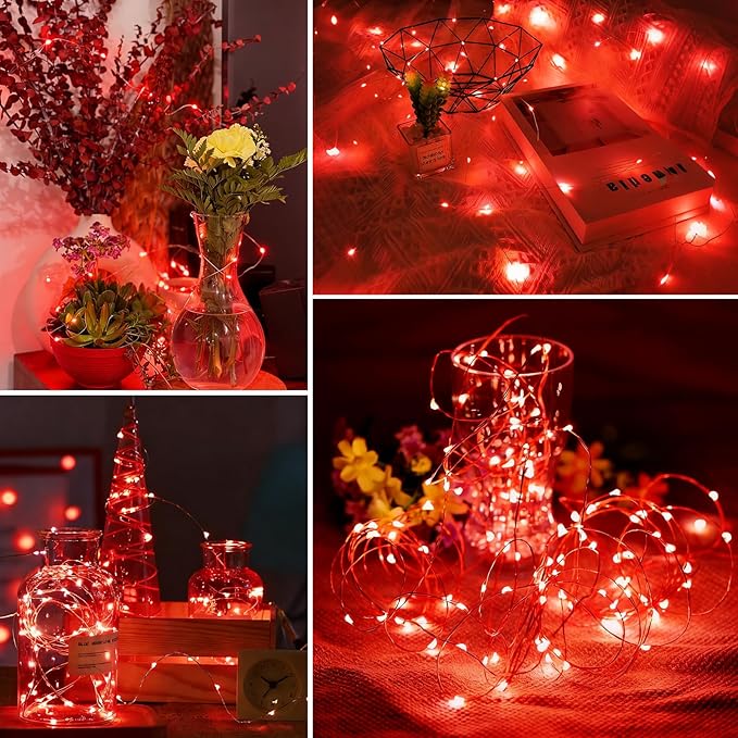 YEGUO 4 Pack Red Solar Fairy Lights Each 33ft 100 LED Valentines Lights Outdoor Waterproof 8 Modes Sliver Wire Solar Christmas String Lights