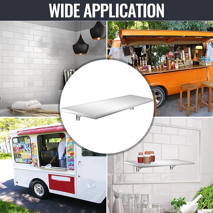 Folding Stainless Steel Concession Shelf for Food Trailers 72 x 12 Space-Saving Drop Down Metal Serving Shelves for Concession Windows