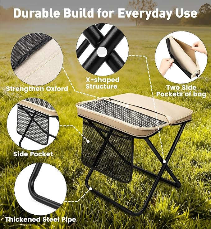 2026 New Large Foldable Backpack Stool for Adults - Portable Camping Stool with Sling Bag 300lbs Capacity for Camping Fishing Hiking Travel Picnic (Khaki)