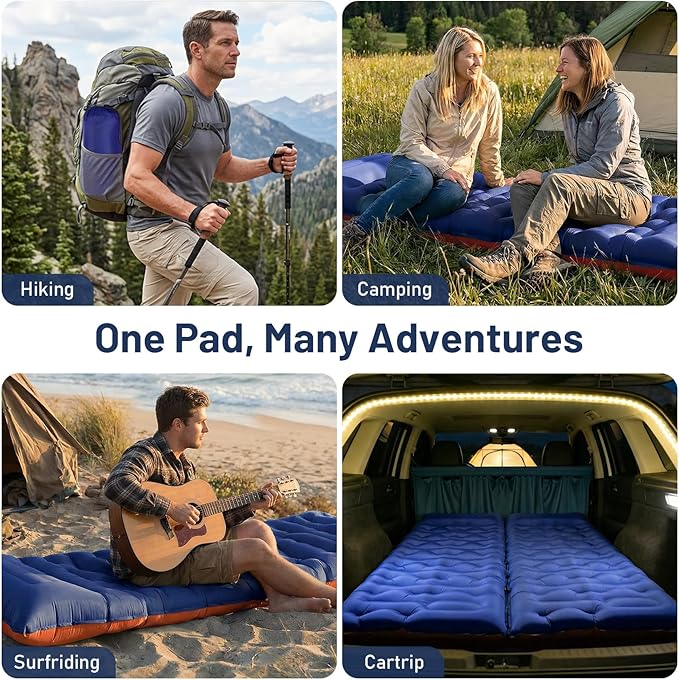 KASBAH Camping Sleeping PadExtra Wide 6 inch Thick Inflatable Sleeping Pads with Built-in Foot Pump and PillowUltralight Camping Mat Gear for Outdoor HikingCamping