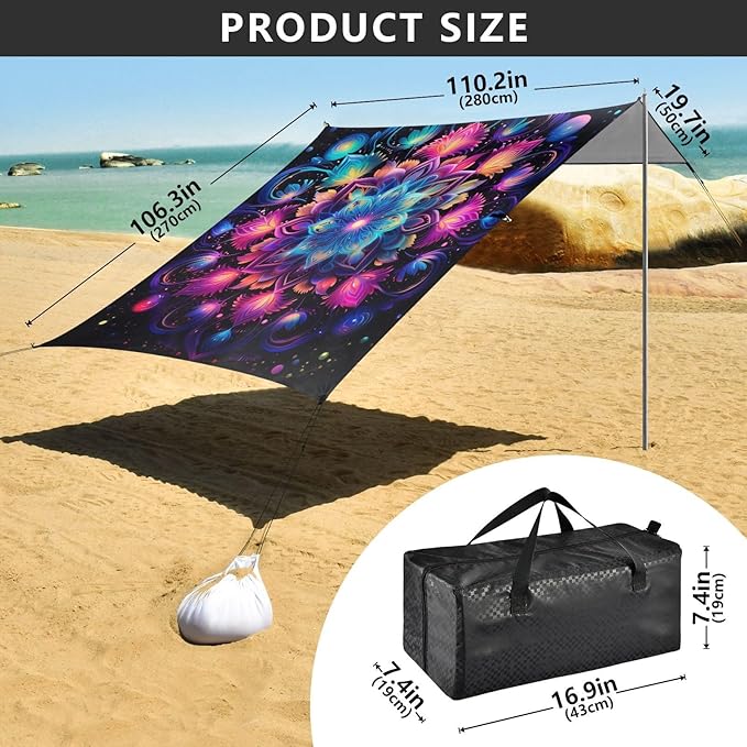 ALAZA Rainbow Mandala Galaxy Beach Tent Sun Shelter UPF50+ Protection Beach Shade Canopy w/ 4 Sandbags for Outdoor Camping Fishing Backyard Fun Picnic 10x9 ft