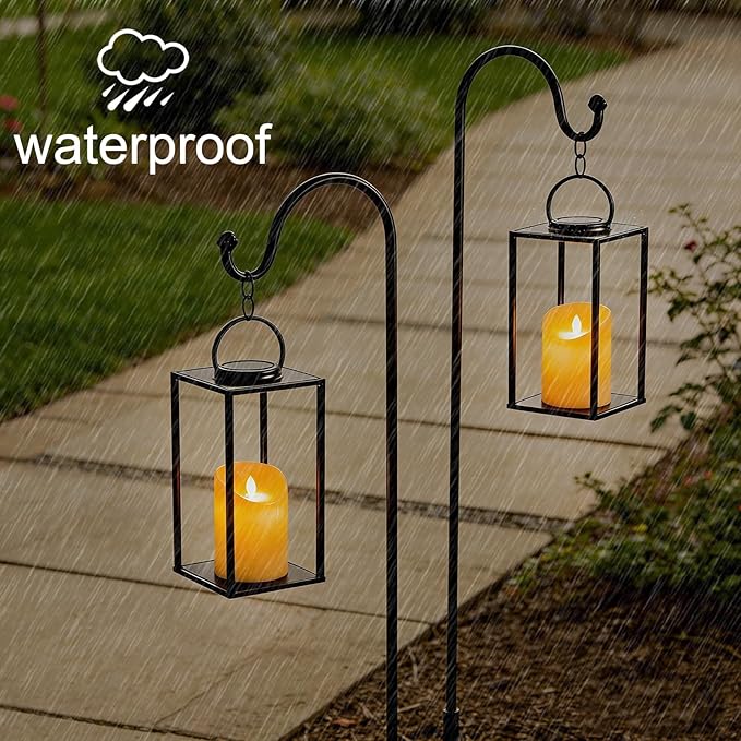 Set of 2 Large Solar Lanterns Outdoor Lighting 18 &amp 11 Inch - Black Metal Waterproof for Porch Patio Garden Decor Farmhouse Style All Year Round with Solar Candles