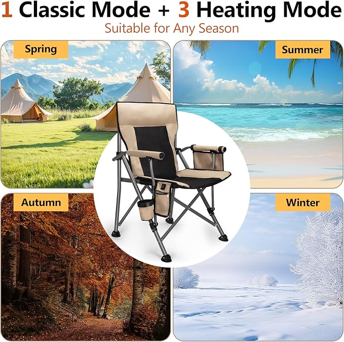 Heated Camping Chair with 20000 mAh Battery Loog-Lasting for 500 Mins Fully Padded Heated Camp Chairs Heavy Duty Folding Chairs Supports 500 lbs for Winter Camping Picnics Tailgating RV Travel