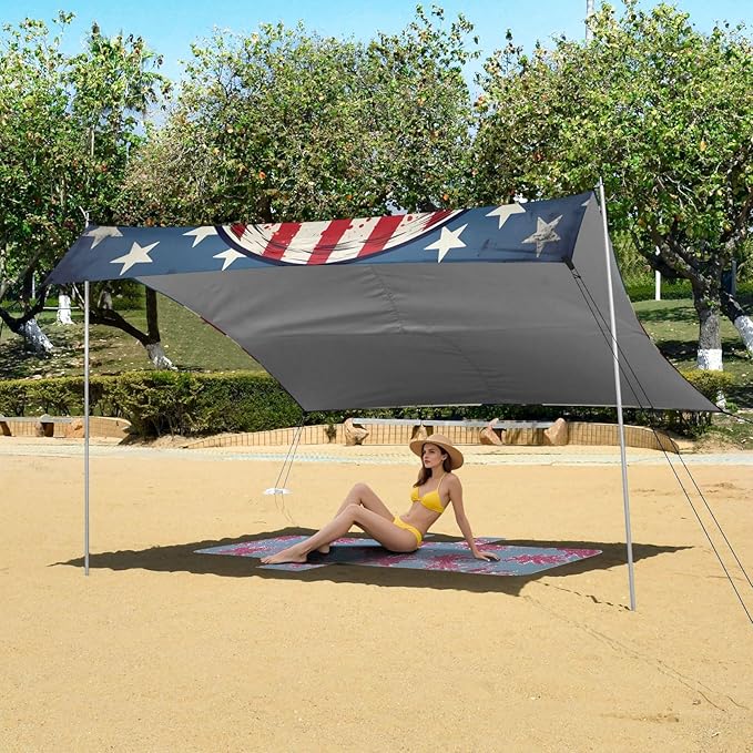 ALAZA American Flag Skull Beach Tent Sun Shelter UPF50+ Protection Beach Shade Canopy w/ 4 Sandbags for Outdoor Camping Fishing Backyard Fun Picnic 10x9 ft