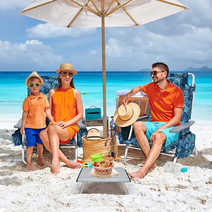 Backpack Beach Chair 5 Position Adjustable Camping Chairs with Aluminum Table Head Pillow Cooler Bag Cup Holders Folding Beach Chairs for Adults (with Table Blue Leaves)