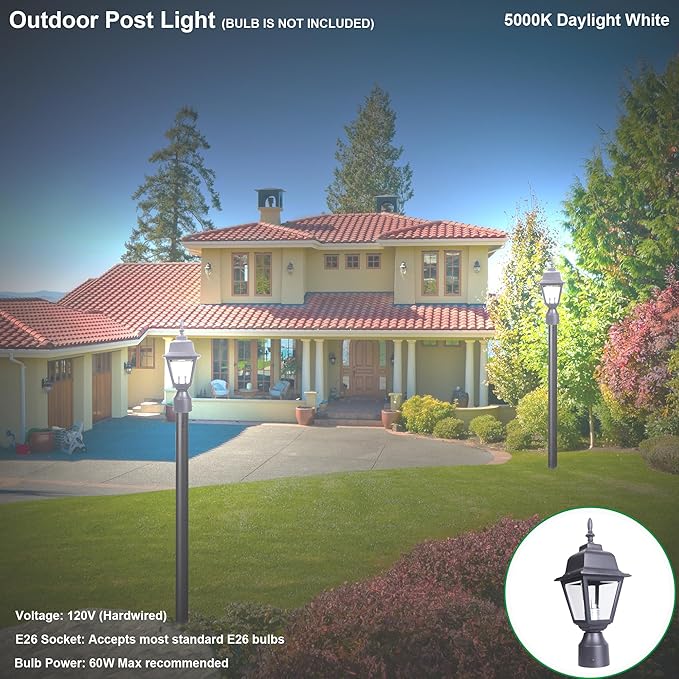 LIT-PaTH Outdoor Post Lighting Fixture Pole Lantern E26 Medium Base Max 60W Aluminum Housing Plus Clear Glass Bulb Not Included Matte Black Finish 1-Pack