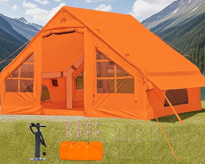 Inflatable Camping Tent2/4/6/8 Person Glamping Inflatable Tents with Awning Quick Setup Blow Up Tents with Pump Waterproof Oxford Inflatable House for Camping Air Glamping Hot Tents for Adult