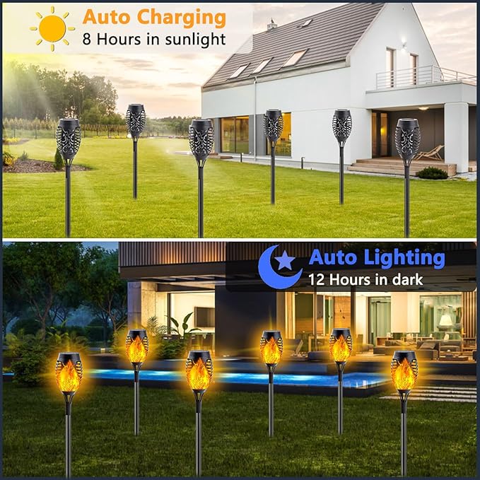 10Pack Solar Lights Outdoor Mini Solar Torch Lights with Flickering Flame for Garden Decor Solar Flame Lights Waterproof Solar Powered Outdoor Lights Solar Tiki Torches for Pathway Patio Yard Porch