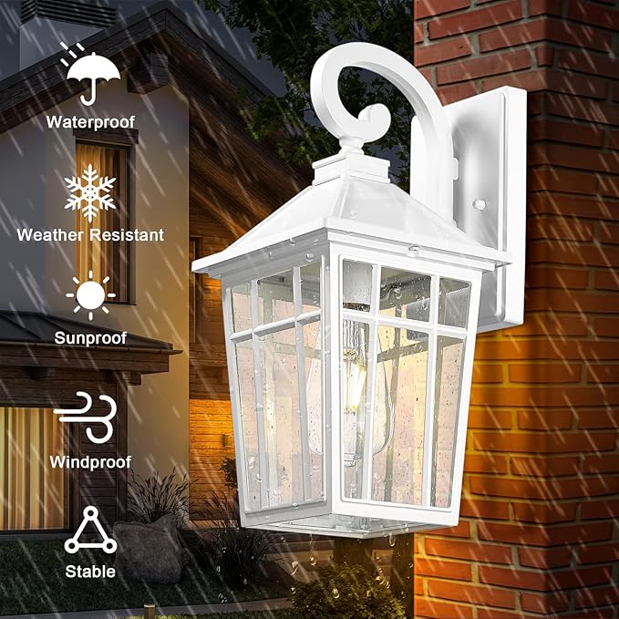 Darkaway Outdoor Wall Lights for House Exterior Lighting Fixtures Wall Mount Outdoor Porch Lights Waterproof White Outdoor Sconce Lights with Seeded Glass for Patio Hallway Garage