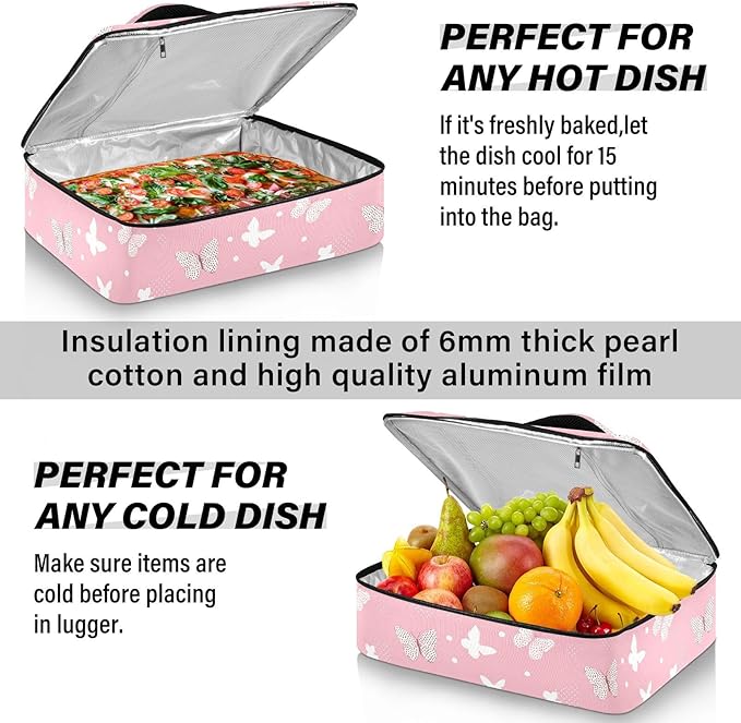 Casserole Carrier Beautiful Pink Pattern ButterfliesInsulated Casserole Carrier for Hot or Cold Food Thermal Lunch Tote for Potluck Parties Picnic Beach Fits 9 x 13 Inches Baking Dish