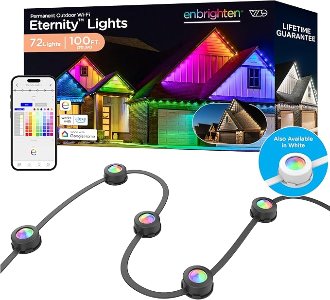 Enbrighten Vibe Eternity Permanent Outdoor Lights for House 100 Feet 72 RGBWIC LEDs Close Spacing 33lm Color Changing Christmas Eave Lighting Smart App Works with Alexa Google Home 82730
