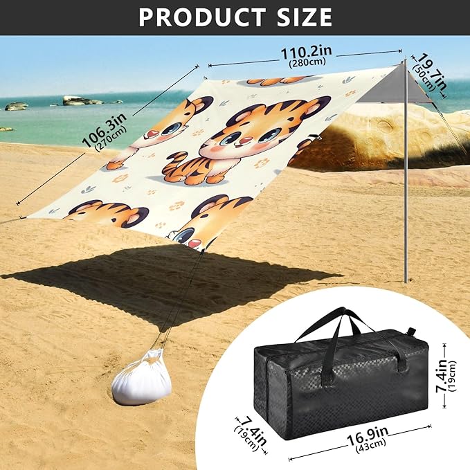 Cute Tiger Funny Camping Sun Shelter Beach Tent Portable Beach Sun Shade Outdoor Canopy for Camping Trips Fishing Picnic