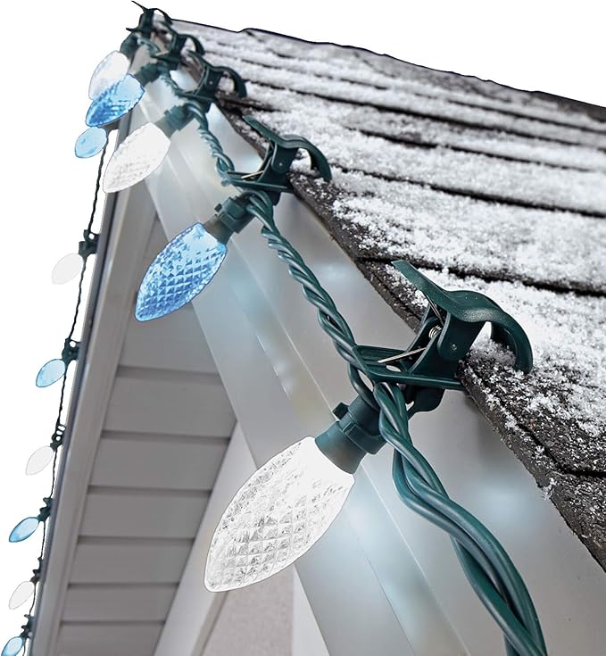 C9 LED Quick Clip Christmas Lights | Built-in Clip-On String Lights | 24 Pure White &amp Blue Bulbs | 16 Foot Strand
