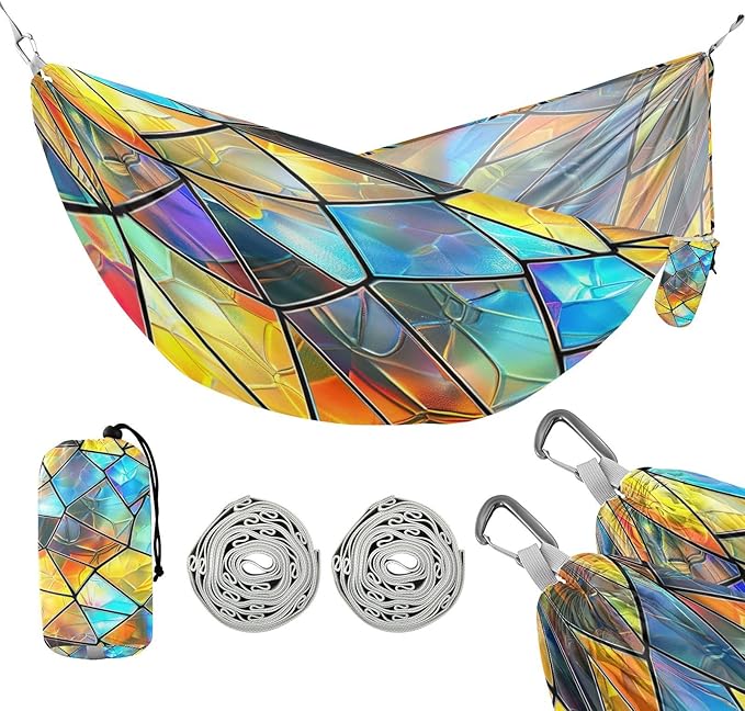 YETTASBIN Iridescent Triangles Camping Hammock - 330lbs Lightweight &amp Portable Single or Double Hammock with Tree Straps &amp Carry Bag for Indoor Outdoor Hiking Backpacking Travel Backyard Beach