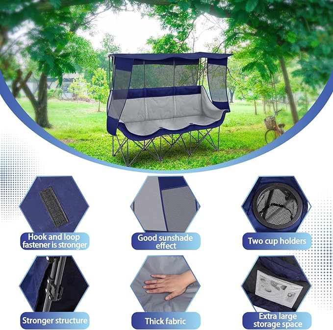 3 Person Camping Chair with Canopy Shade 700lbs Heavy Duty Oversized Beach Camping Chair with Thick Cushion Cup Holder and Carry Bag Foldable Portable Sofa for Lawn Beach Outdoor