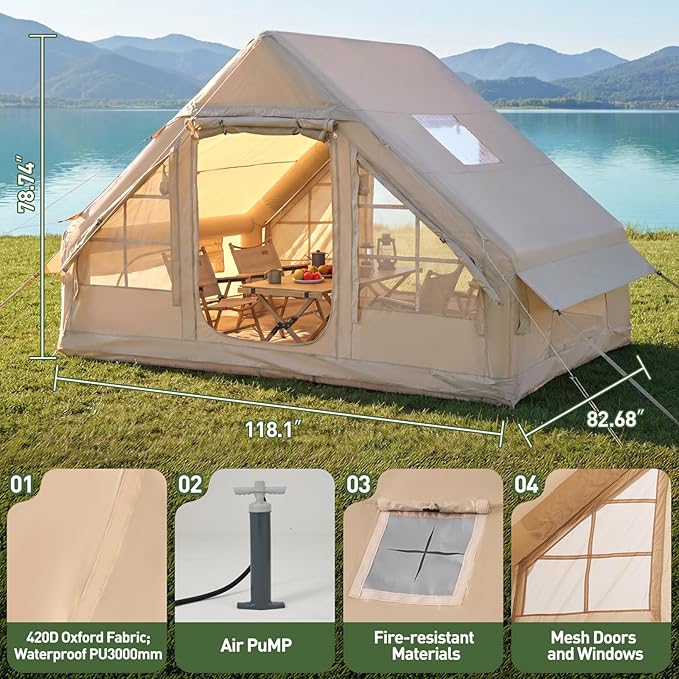 Aoxun Inflatable Camping Tent for 4-8 Person Instant Setup Family Size Tent Waterproof Windproof Outdoor Shelter with UV Protection Lightweight Portable for Camping Beach Festivals