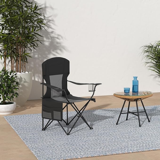 AsterOutdoor Camping Folding Chair Padded Quad Arm Chair with Large Cup Holders Side Organizer &amp Back Pocket for Outdoor Camp Indoor Patio Fishing Supports 350lbs