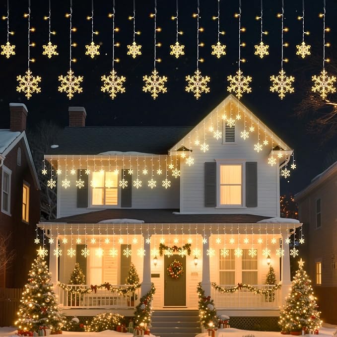 Minetom Christmas Snowflake Lights - 13ft 192LED Snowflake Icicle Lights with 16 Drops 12 Modes and Timer IP65 Waterproof Connectable Christmas Light for House Eave Indoor Outdoor (Warm White)