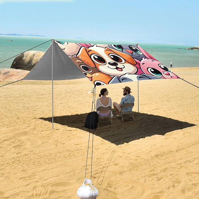 Cute Dogs Head Camping Sun Shelter Beach Tent Portable Beach Sun Shade Outdoor Canopy for Camping Trips Fishing Picnic