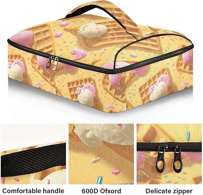 Casserole Carrier Pink and Yellow Colors WaffleInsulated Casserole Carrier for Hot or Cold Food Thermal Lunch Tote for Potluck Parties Picnic Beach Fits 9 x 13 Inches Baking Dish