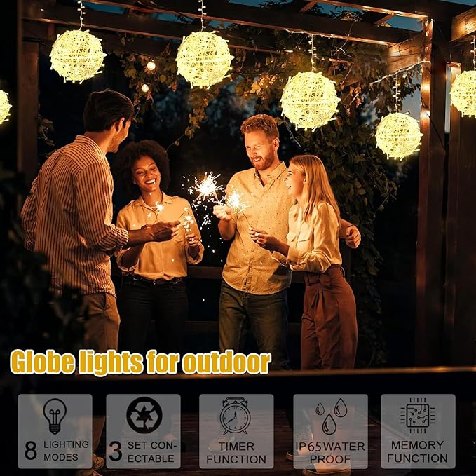 Outdoor Christmas Balls Lights Tree Lights Waterproof 4 Pack 7.87 LED Hanging Globe Sphere Lights with 8 Lighting Modes Memory Timer Plug for Party Wedding Xmas Porch Patio Garden Yard Decorations