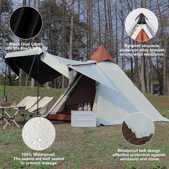 Camping Teepee Tent 2-4 Person Indian Tent Waterproof Instant Pyramid Spire Tents for Outdoor Hiking