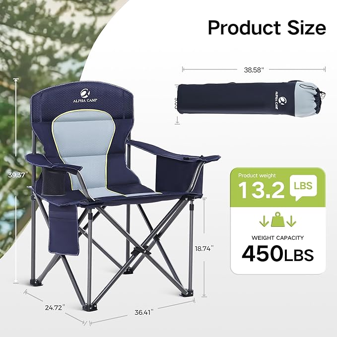 GREEN PARTY Folding Camping Chair Oversized Heavy Duty Lawn Chair with Cooler Bag Cup Holder Storage Pocket Collapsible Padded Outdoor Arm Chair Quad Lumbar