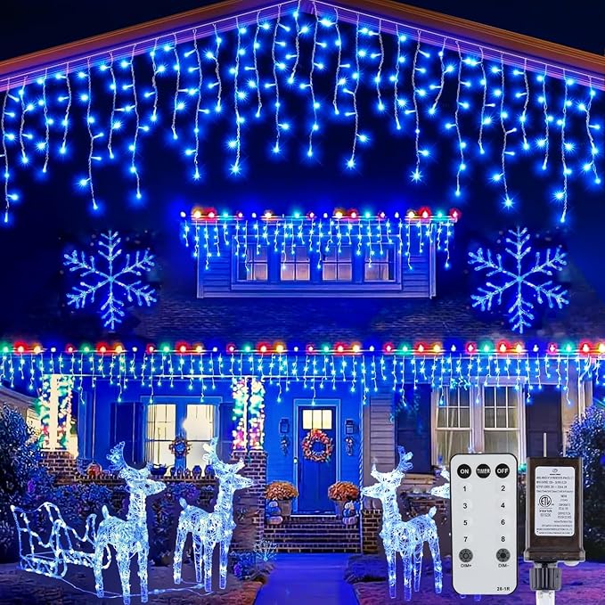 Minetom Icicle Lights for Outside 66Ft 736 LED Blue Christmas Lights with 138 Drops Icicle Christmas Lights Outdoor with Remote and Timer