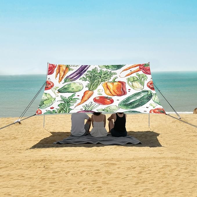 Watercolor Vegetables Beach Tent Sun Shelter 9.2' x 10.5' Beach Canopy with 4 Sandbags 4 Stability Poles Sand Shovels - Tent Canopy for Beach Camping Fishing Picnics